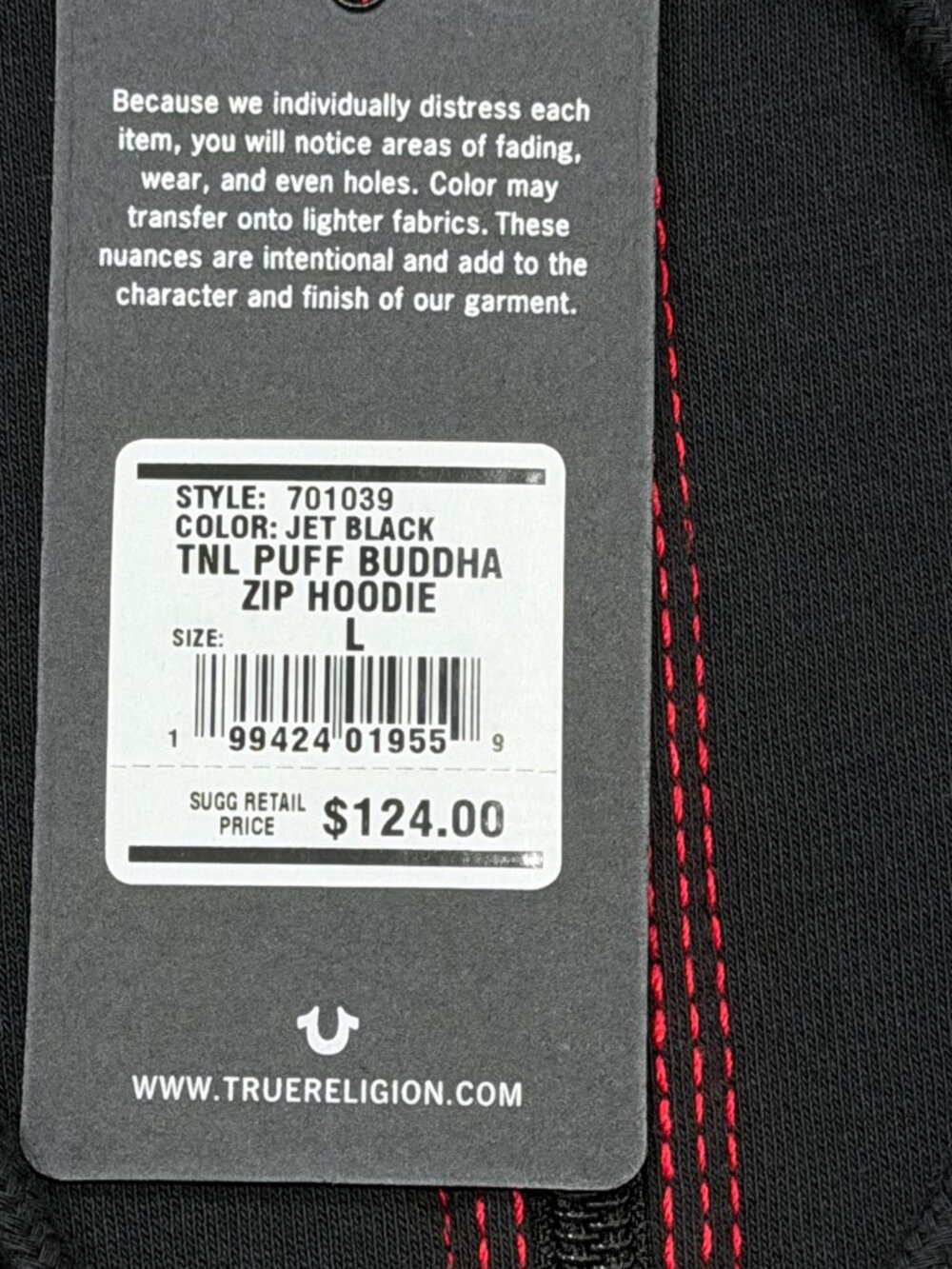 True Religion Mens TNL Puff Buddha Full Zip Hoodie Large L Black Red Stitch NWT - Picture 8 of 16
